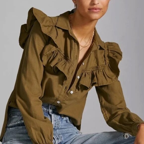 Pilcro Ruffled Chambray Button-Down In Olive Green Minimalist Bohemian M - Picture 1 of 13